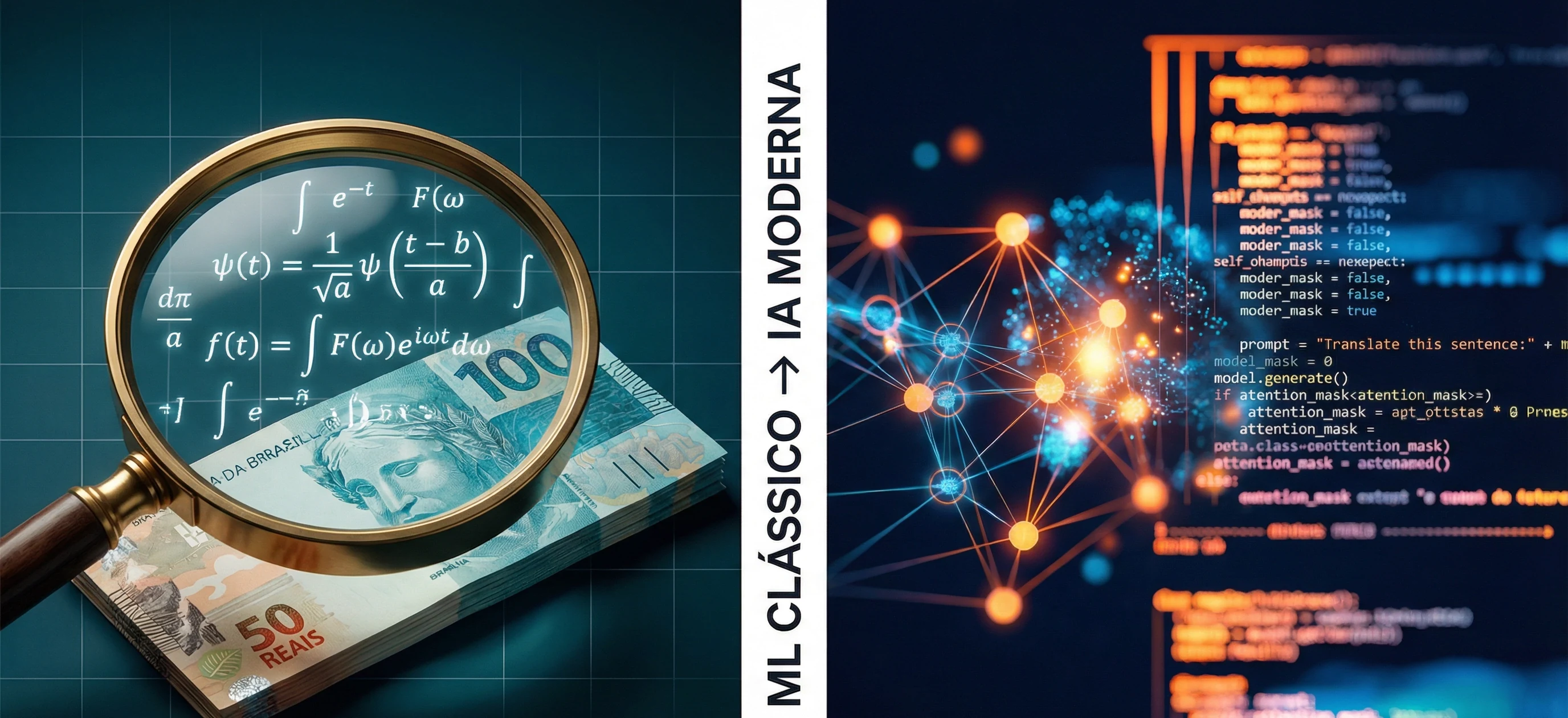 Editorial composition connecting banknote analysis, mathematical formulas and responsible AI.